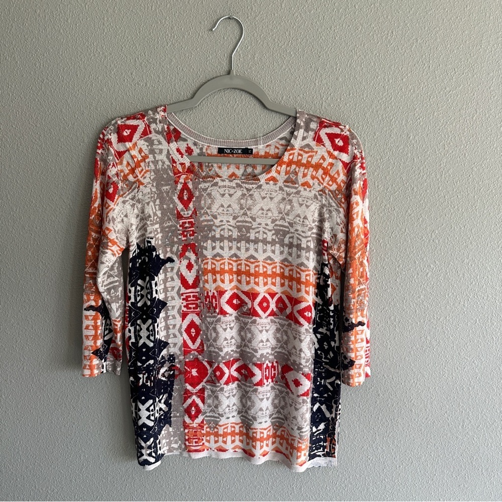 Nic + Zoe Multicolor Patterned Linen Knit Top PS